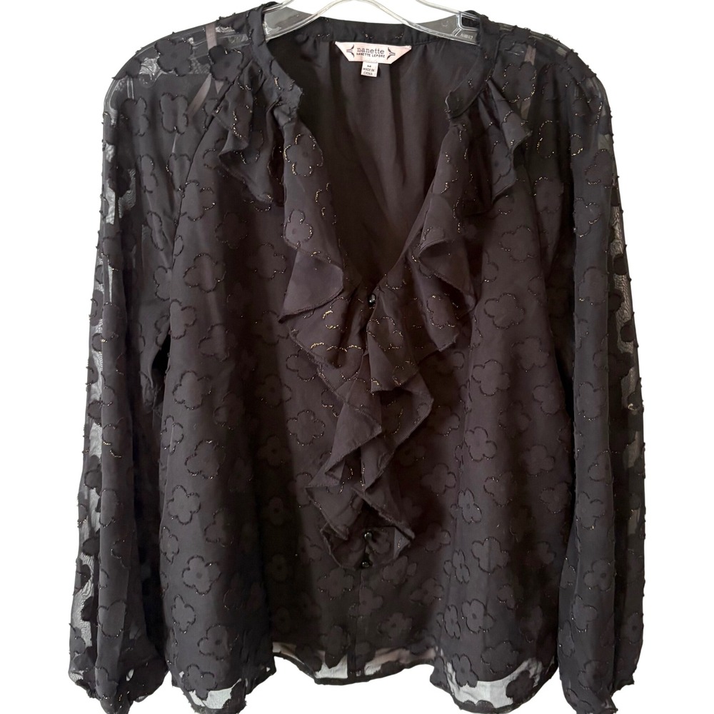 Nanette Lepore Women's Black and Gold Clover Ruffle Front Blouse in Size M